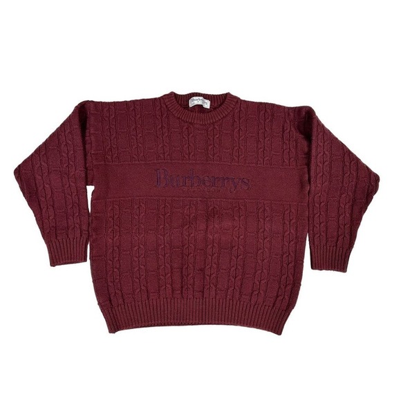 VTG Burberry London Wine Color Sweater Mens Sz M Unique Cable Knit Wool Blend - Picture 1 of 6
